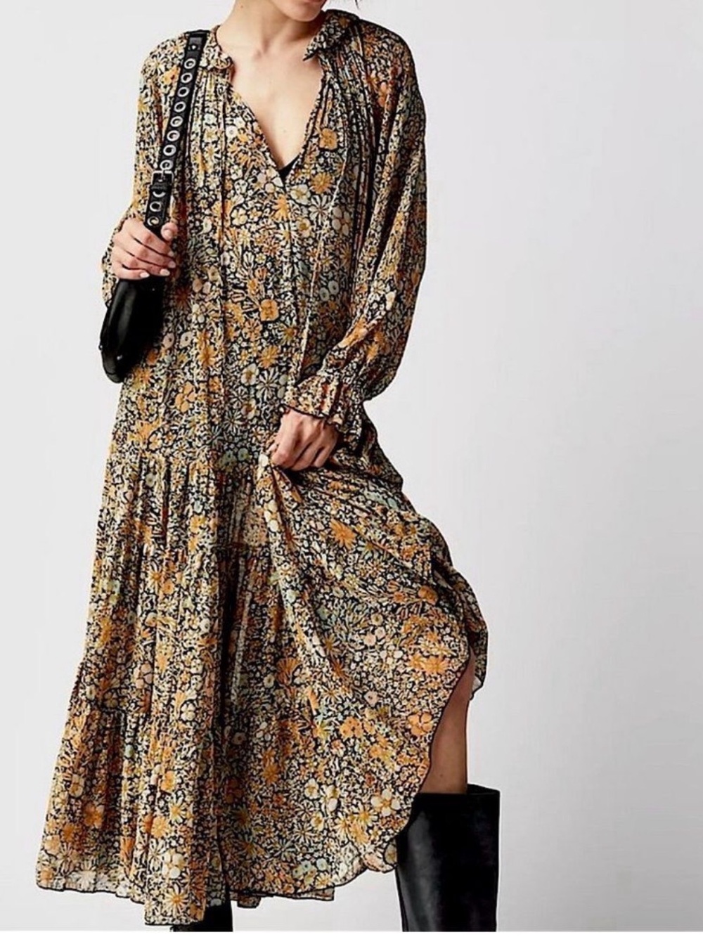 Free People Mustard & Black Floral Tiered Maxi Dress